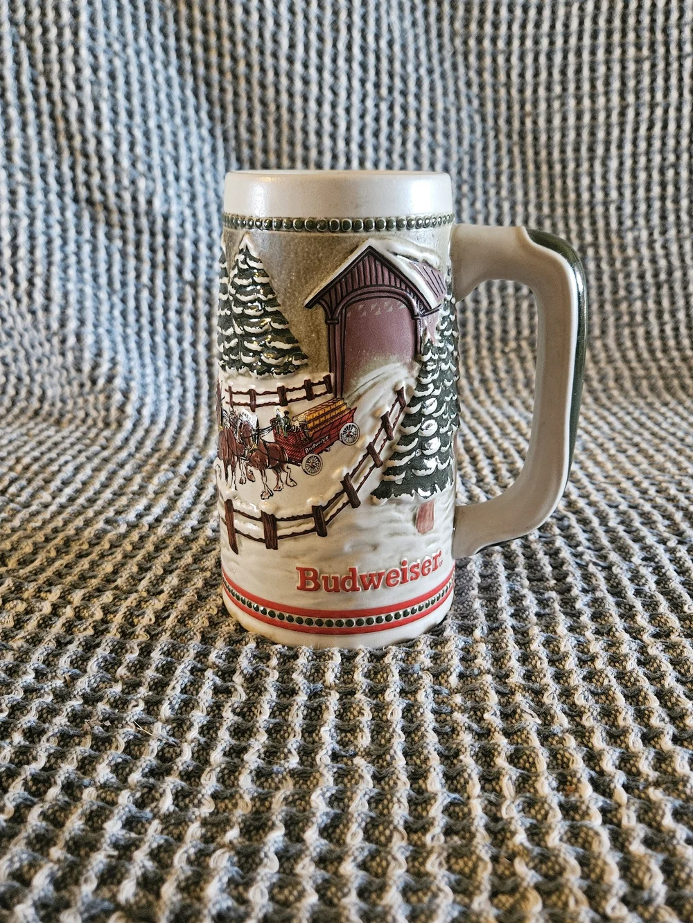 Decorative Winter Scene Ceramic Stein - Red and Green